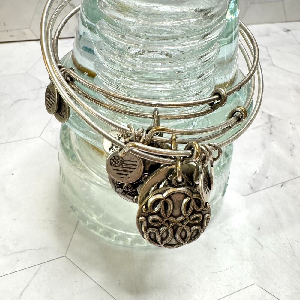 Alex And Ani Charm Bracelets Silver Tone Compass Path of Life Lotus Lot of 3
